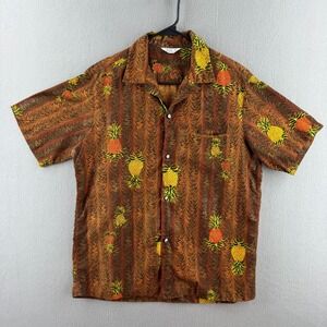 50s Malihini Aloha Shirt Mens Fits Medium 22x28 Pineapple Print Rayon Hawaiian